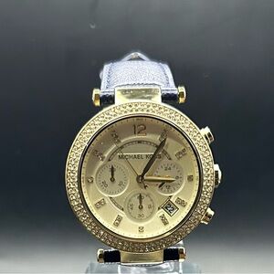 Michael Kors Women’s Parker MK2280 Gold Blue Strap Quartz Watch 39mm New Battery